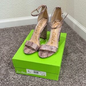 Sam Edelman Yaro Pink Snakeskin Ankle-Strap Block Heels